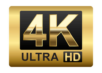 4K Ultra HD sticker label ,High definition label. Gold UHD symbol, 4K resolution monitor screen color mark, UHD 2160p video icon ,realistic shiny and glossy Vector isolated on white background.