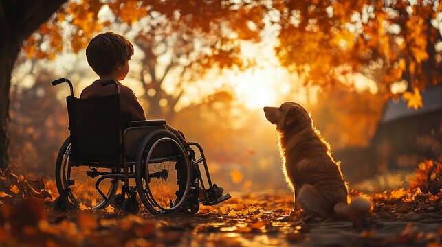 Boy in wheelchair with dog at sunset.
