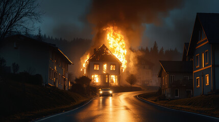 Dramatic scene of a house engulfed in flames lighting up the night sky, as a car approaches, symbolizing urgency and drama.