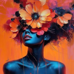 vibrant african beauty portrait with floral headdress and bold colors