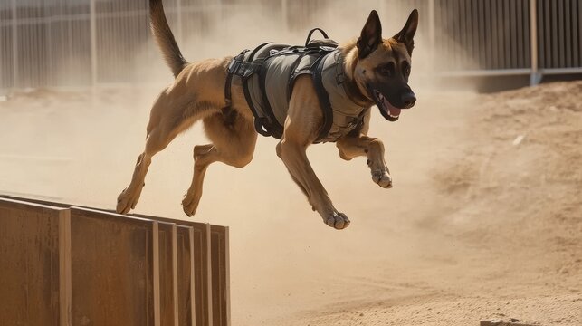 Agile Belgian Malinois Overcoming Obstacle in Military Training Exercise with Dusty Environment Enhancing Resilience