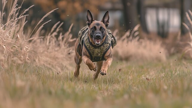 Agile Belgian Malinois K9 Patrolling Windy Rural Terrain in Tactical Vest, Ears Pinned Back Among Swaying Tall Grasses
