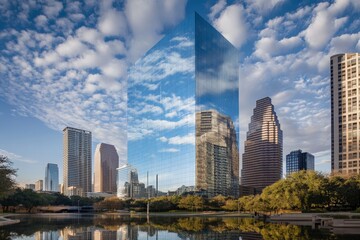 Obraz premium High-rise office building with mirrored glass, reflecting the skyline around it