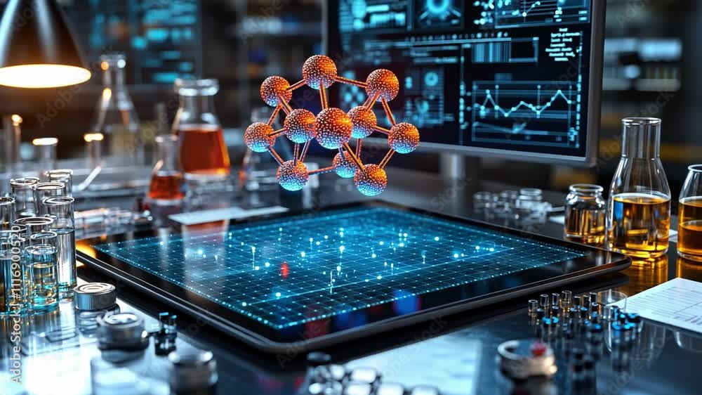 Poster exploring advanced molecular structures with interactive technology in a modern laboratory setting