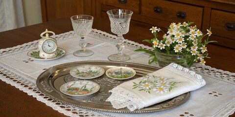 Fototapeta premium Elegant vintage table setting featuring crystal glasses, floral plates, and embroidered linen on a wooden table