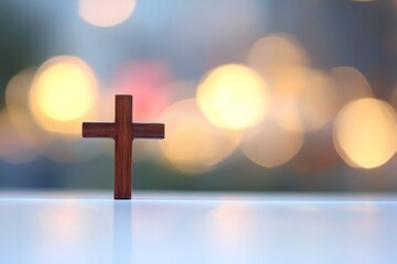 Wooden Cross on White Surface with Warm Light Bokeh Background in Soft Focus