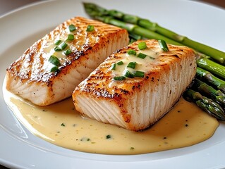 Savor the exquisite flavors of seared mahi-mahi and oil-glazed salmon drizzled with creamy lemon cheese sauce, accompanied by grilled blanched asparagus