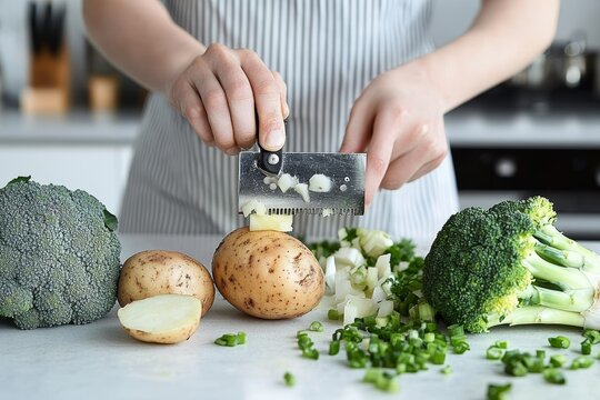 Woman Peeling Potato in Modern Kitchen with Healthy Ingredients and Minimalistic Design