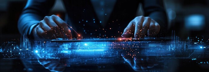 Futuristic Business Scene with AI Blockchain Technology and Data Encryption on Digital Tablet