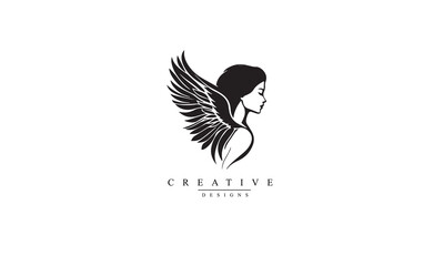 Obraz premium Silhouette of Beauty Woman Angel Logo white background