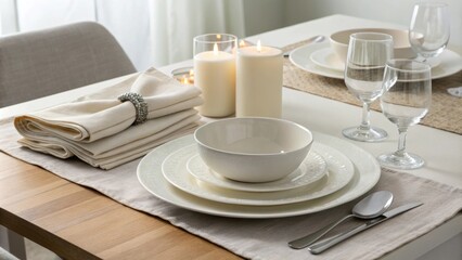 Fototapeta premium A simple elegant dining table features a minimalist setup with white china and clear glassware. The placemats are soft linen in ivory and each place has a neatly folded napkin with