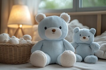 Cozy Children's Room with Soft Toys Basket Whimsical Watercolor Pastel Colors Gentle Lighting