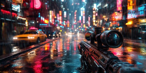 Futuristic Cityscape Cyberpunk Action Shooter Video Game with Crypto Tokens and Three Dimensional Gameplay