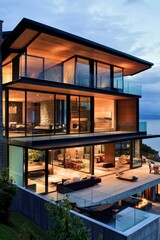 Fototapeta premium Modern beach house with glass walls, open plan, and ocean views