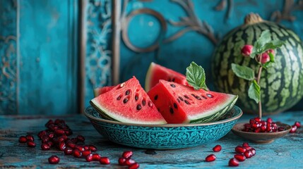 Festive Yalda Night: Celebrating with pomegranates and watermelon, embracing the vibrant traditions of this ancient festival with colorful fruits and joyful gatherings.