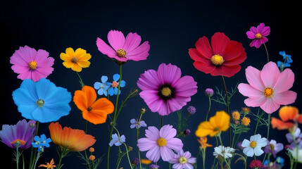 Fototapeta premium Cosmic Bloom: A vibrant symphony of colorful cosmos flowers against a deep blue backdrop. A captivating image that evokes feelings of joy, peace and natural beauty.