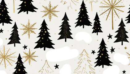 Obraz premium Hand drawing Black and Gold Christmas tree with golden snowflakes Merry Christmas