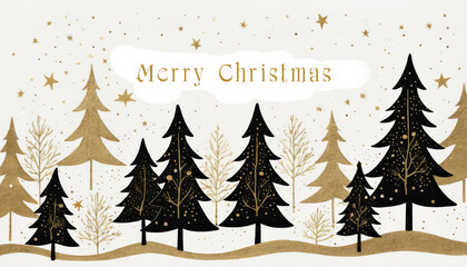 Fototapeta premium Hand drawing Black and Gold Christmas tree with golden snowflakes Merry Christmas