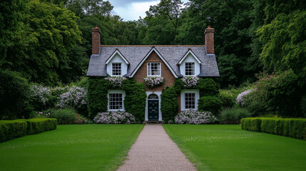 Obraz premium Charming Cottage Retreat: A picturesque English cottage with ivy-covered walls and a manicured lawn, inviting a sense of peace and tranquility. 