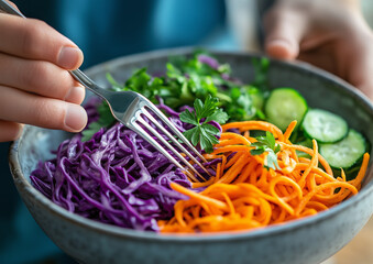 A person holds a septum piercing fork in their hand, with cucumber and carrot noodles mixed together in a bowl of purple cabbage salad