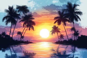 Obraz premium Tropical Sunset with Silhouetted Palm Trees at Beach and Ocean in Watercolor Style