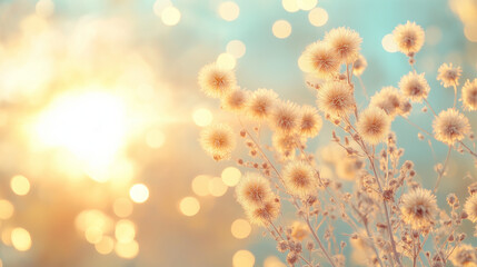Golden Hour Meadow: Delicate, fluffy wildflowers bathed in the soft glow of a setting sun, capturing a serene and tranquil moment in nature.