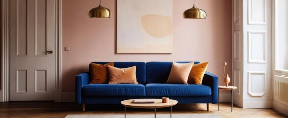 Modern Living Room Decor With Blue Velvet Sofa