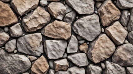 Fototapeta premium Close-up of a stone wall texture with various sized rocks in beige and gray tones.