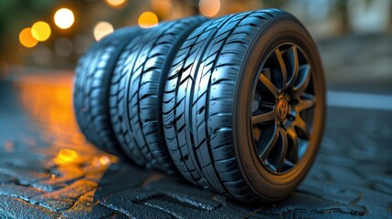 Obraz premium Three new black tires stacked on asphalt road at night.