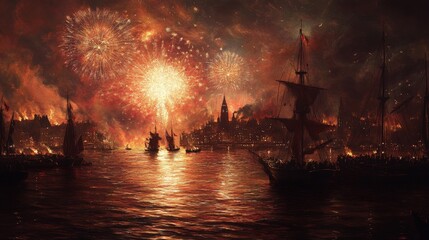 Naklejka premium New Year Eve fireworks seen from a boat, with the cityscape in the background