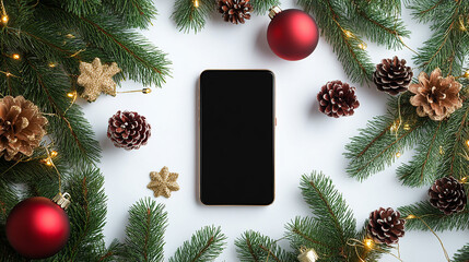 a black phone is sitting on a white table with a christmas tree and a red ball on the top.