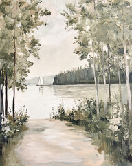 Lake view, boat on water, forest, trees, beautiful vintage oil painting 