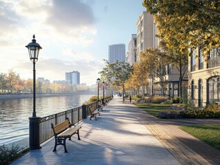 Fototapeta premium River walkway with tall buildings, street lamps, and benches along the path