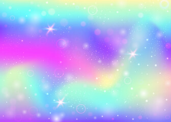 Fototapeta premium Fairy Hologram. Purple Rainbow Background. Princess Invitation. Fairytale Pastel Invite. Pink Sparkles Gradient. Blue Universe Pattern. Kawaii Glitter. Neon Fairy Hologram.
