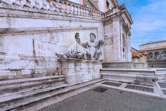 Statue of Hapi, The Nile River god. The statues on either side of the double staircase represent the Nile (left) and the Tiber (right), made in the first century AD. Rome, 2017 