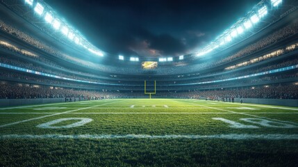 A large American football stadium with green grass and bright lights, with an empty field for design space