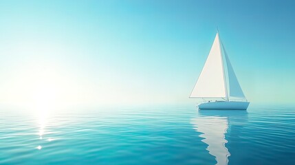 White sailboat on calm, turquoise ocean at sunrise.