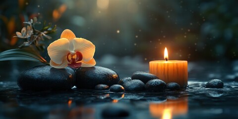 Spa Relaxation Zen Stones Candle White Orchid Flower Wellness Harmony Massage Bodycare