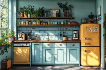 A retro-style kitchen with a yellow refrigerator, light blue cabinets, and a wood countertop....