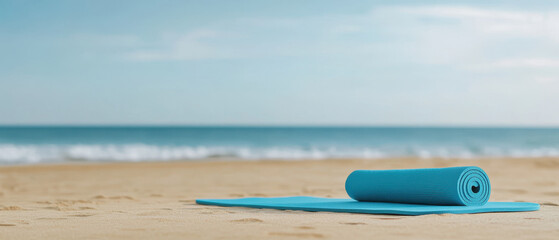 Fototapeta premium serene beach scene featuring blue yoga mat on sand, with gentle waves in background, perfect for meditation and relaxation