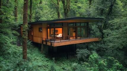 Rustic wooden cabin nestled in a dense forest, a serene example of nature-inspired architecture