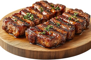 A plate of meat with herbs on top