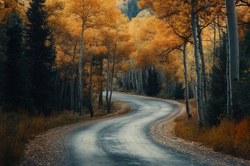 Fototapeta premium Scenic autumn drive with trees changing colors along a winding road