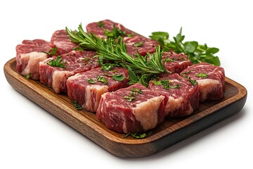 Fototapeta premium A tray of meat with herbs on top