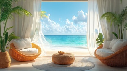 Obraz premium A spacious living room with large windows overlooking a beautiful tropical beach with white sand and blue water. The room is decorated in a minimalist style with white curtains,