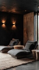 Soft textures and rich tones create a warm atmosphere in this modern living room, where two grey lounge chairs invite relaxation amidst dark wooden elements and ambient lighting