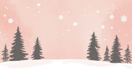 Fototapeta premium A Gentle Winter Landscape with Silhouettes of Pine Trees and Falling Snowflakes on a Soft Pink Sky