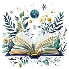 A book is open to a page with a flowery background