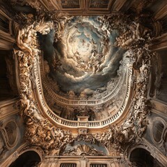 A Glimpse of Heaven: Baroque Architecture and Art: An intricate and opulent ceiling fresco in a grand hall, showcasing the artistry of the Baroque era, with its dramatic composition, ornate details.