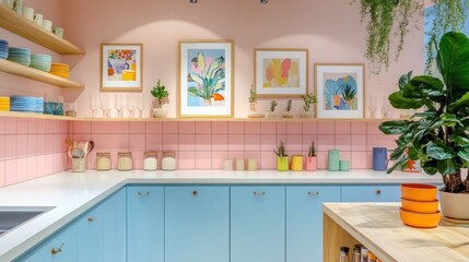 Pastel pink and blue kitchen with open shelving, plants, and colorful pottery.